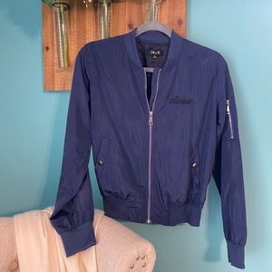 Divine Bomber Jacket Embroidered Silver Hardware Navy Blue